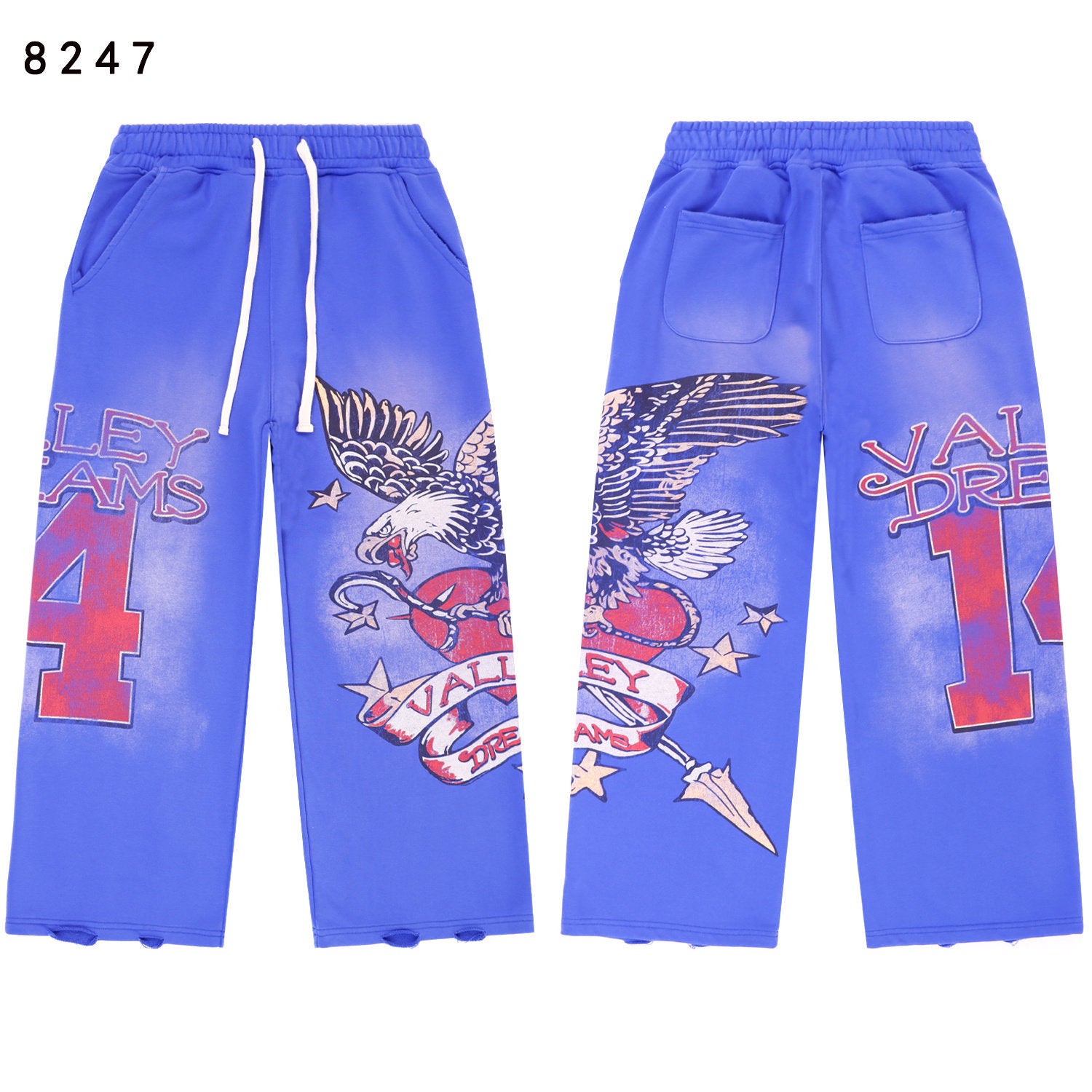 Vintage Eagle‑Print Wide‑Leg Sweatpants, Bright Blue Washed Unisex Hip‑Hop Streetwear Trousers