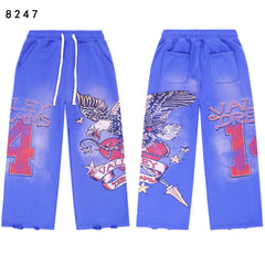Vintage Eagle‑Print Wide‑Leg Sweatpants, Bright Blue Washed Unisex Hip‑Hop Streetwear Trousers