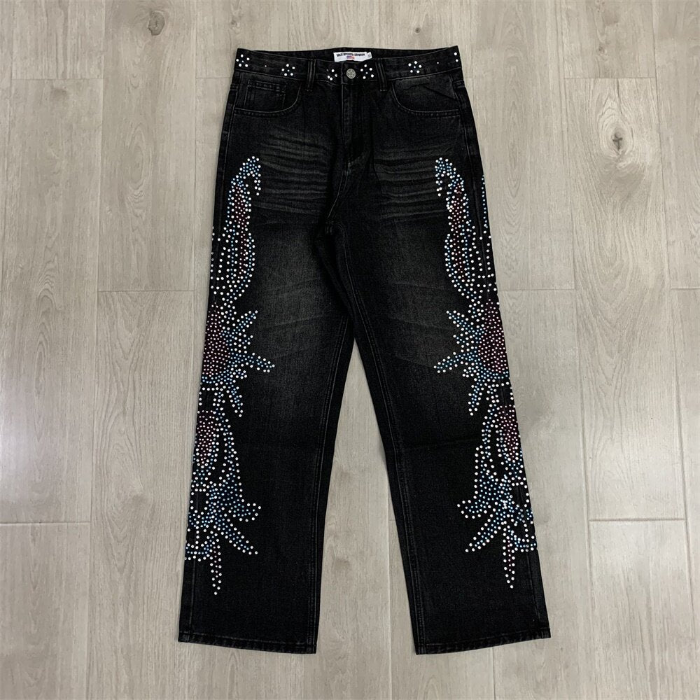 Gradient Rhinestone Star Washed‑Black Straight‑Leg Jeans, Y2K Hip‑Hop Unisex Denim Pants