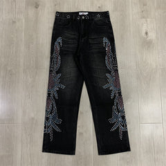 Gradient Rhinestone Star Washed‑Black Straight‑Leg Jeans, Y2K Hip‑Hop Unisex Denim Pants