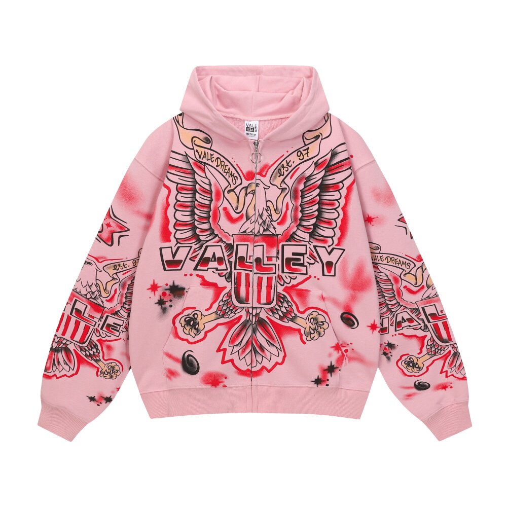 Vale Eagle Spray‑Paint Graphic Zip‑Up Hoodie, Pink Oversized Streetwear Hip‑Hop Tattoo Print Unisex Jacket