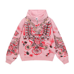 Vale Eagle Spray‑Paint Graphic Zip‑Up Hoodie, Pink Oversized Streetwear Hip‑Hop Tattoo Print Unisex Jacket