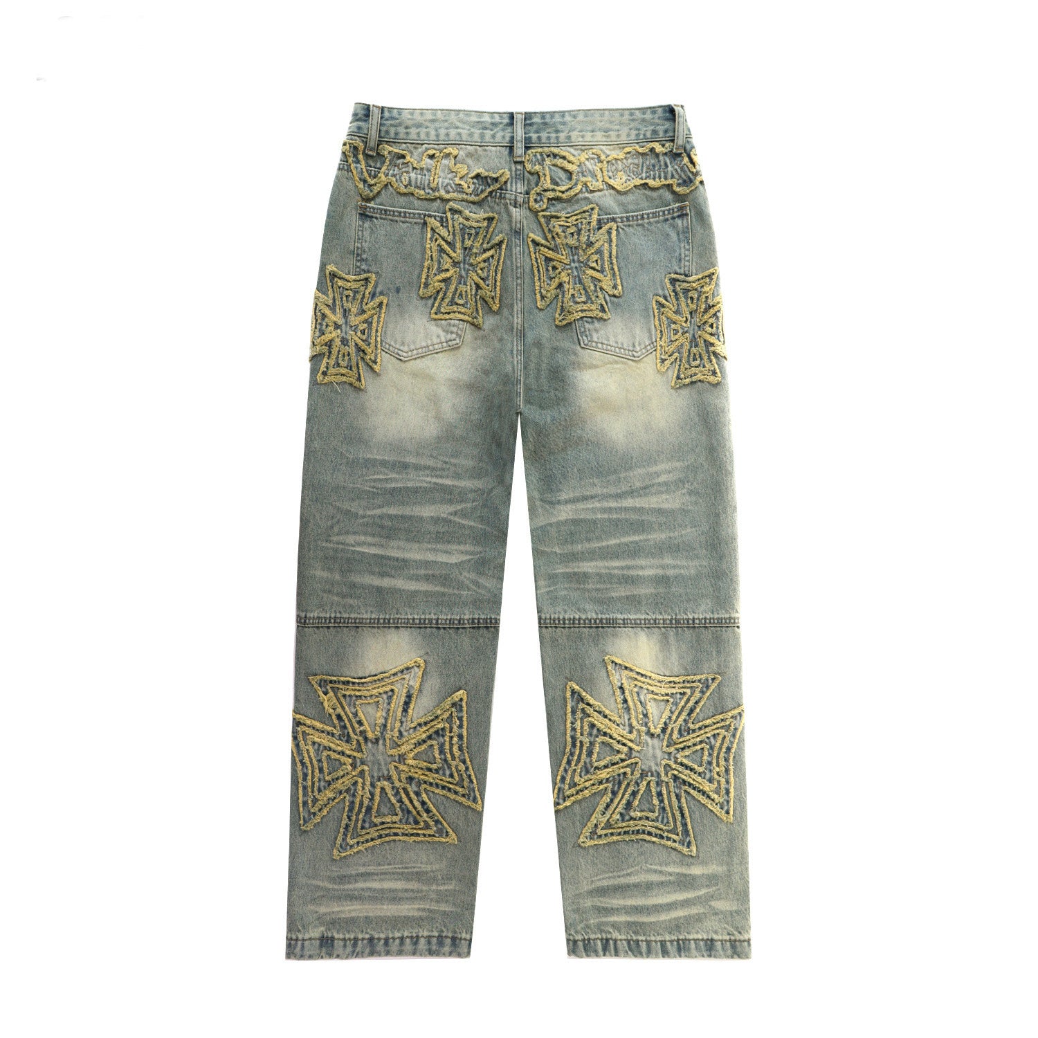 Vintage Cross‑Shaped Towel‑Embroidered Baggy Jeans, Washed‑Blue Unisex Streetwear Denim Pants