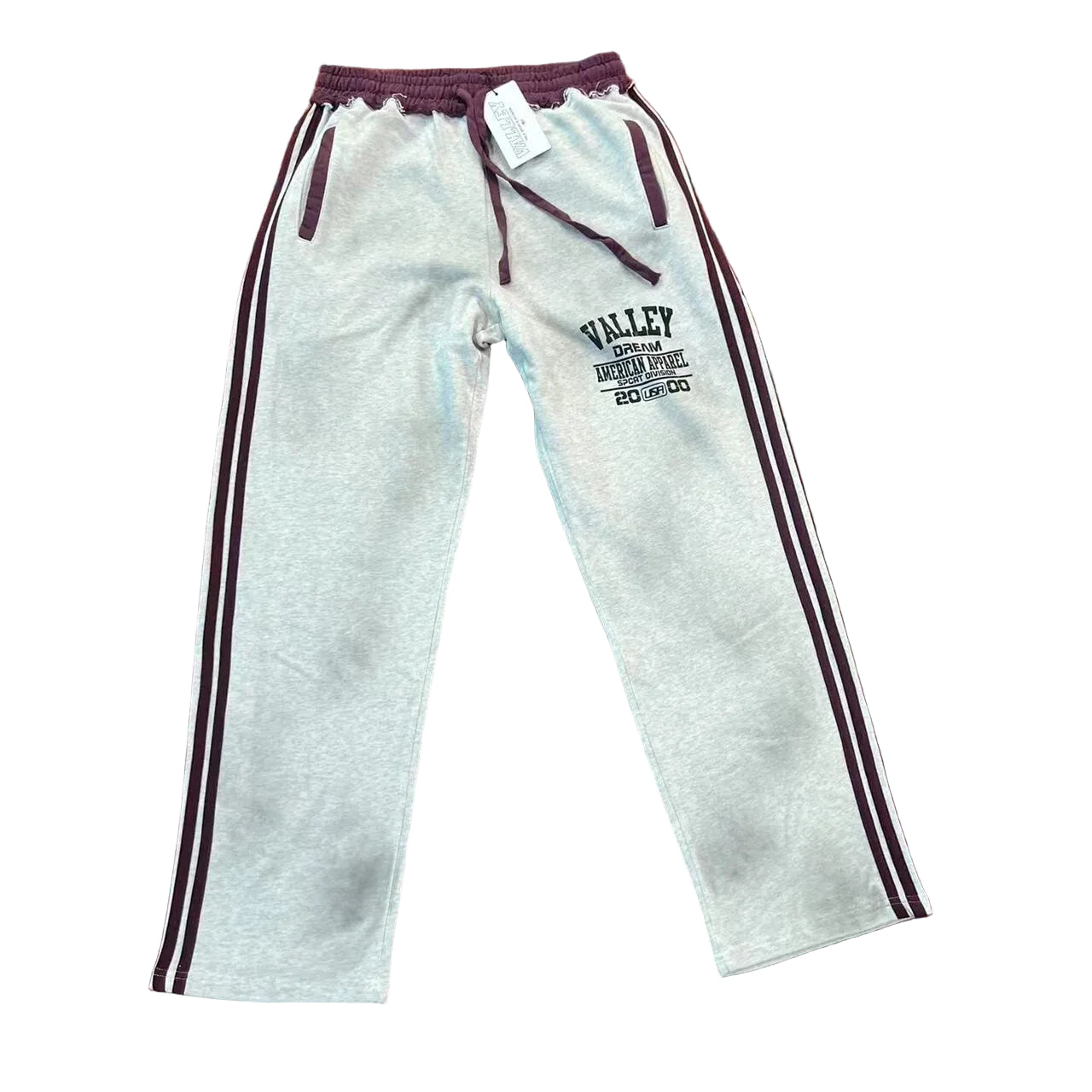Valley Dream Letter‑Print Side‑Stripe Wide‑Leg Sweatpants, Heather Grey‑Burgundy Unisex Streetwear Trousers