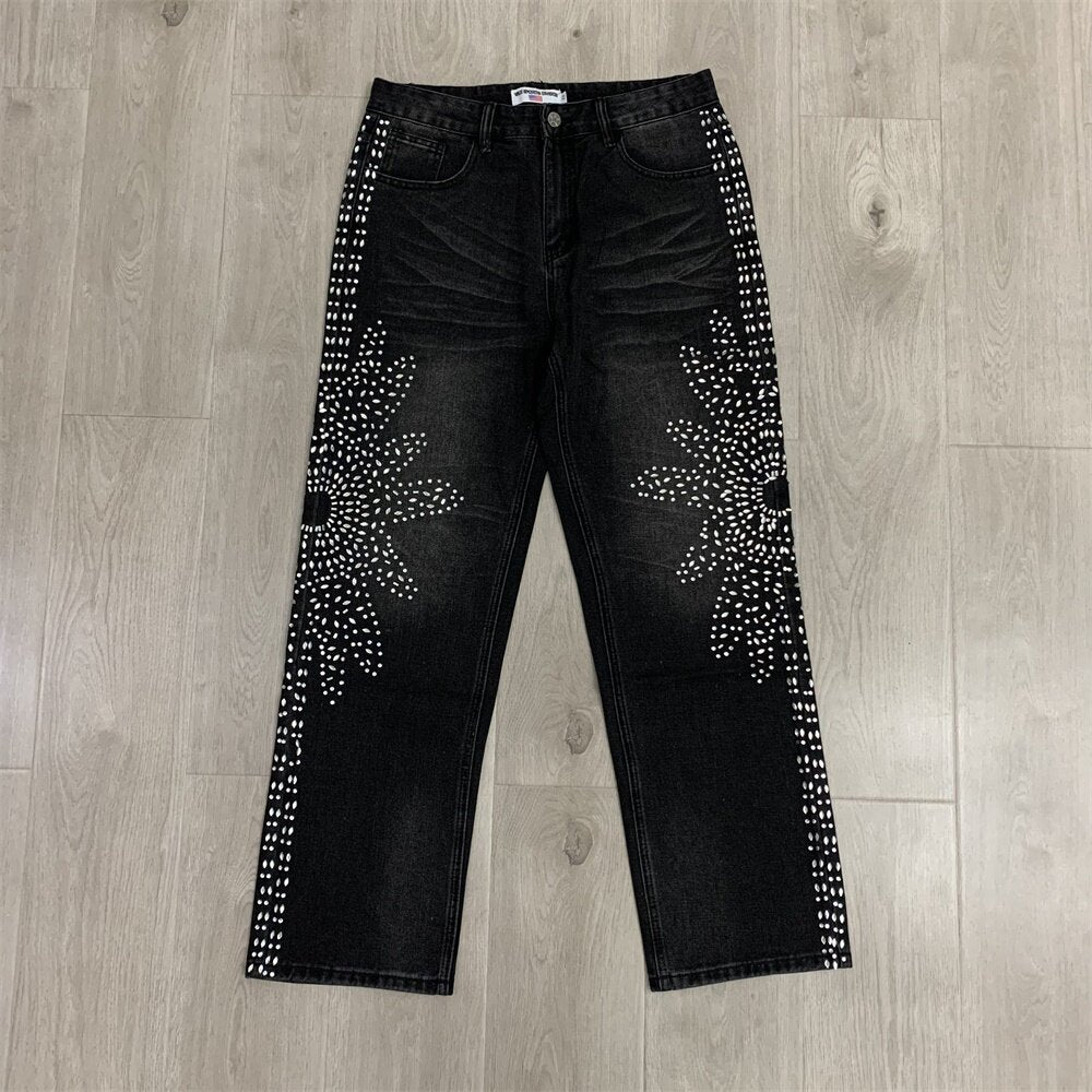 White Dots Print Distressed Washed‑Black Straight‑Leg Jeans, Y2K Streetwear Unisex Denim Pants