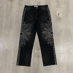 White Dots Print Distressed Washed‑Black Straight‑Leg Jeans, Y2K Streetwear Unisex Denim Pants