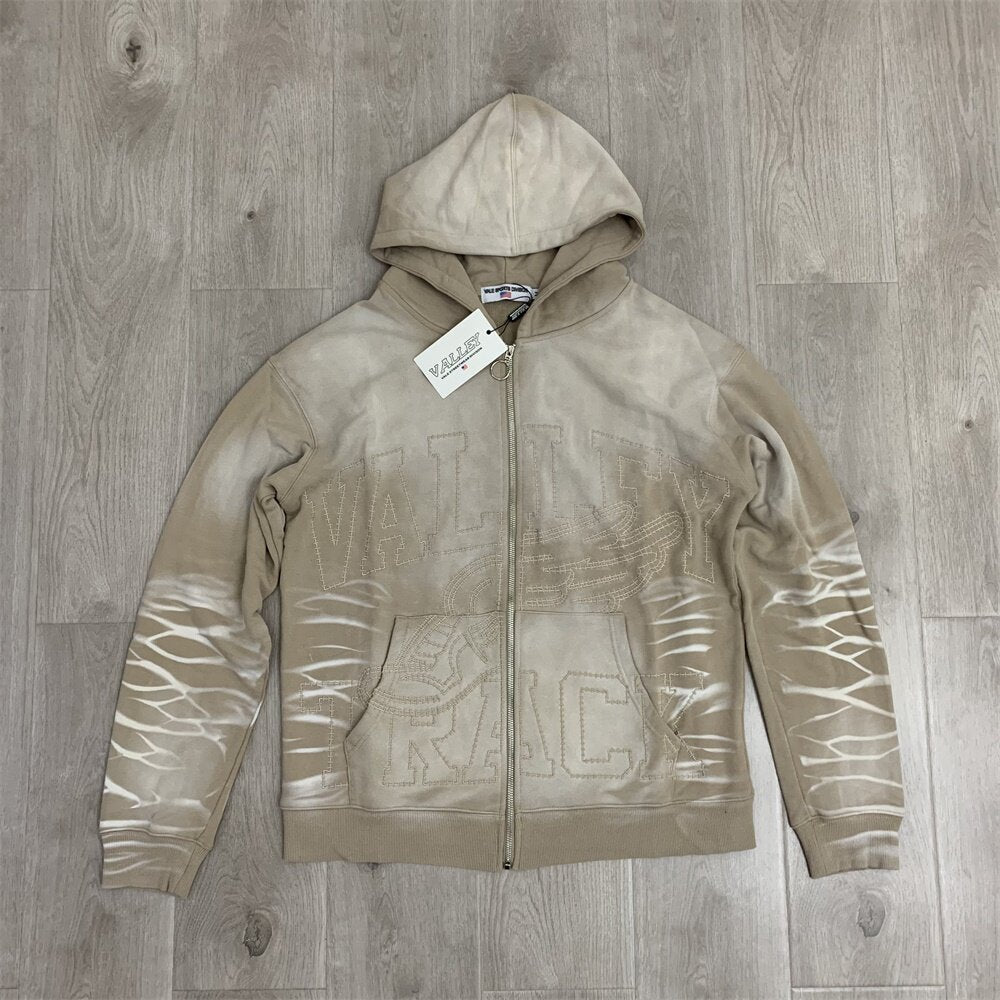Khaki Gradient Embroidery Lightning‑Sleeve Zip‑Up Hoodie Unisex Oversized Jacket