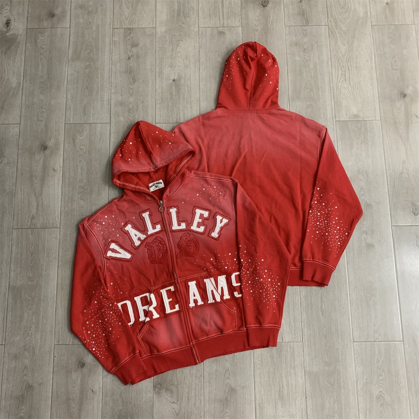 Red Gradient Speckled‑Wash Valley Dreams Zip‑Up Hoodie Unisex Oversized Jacket