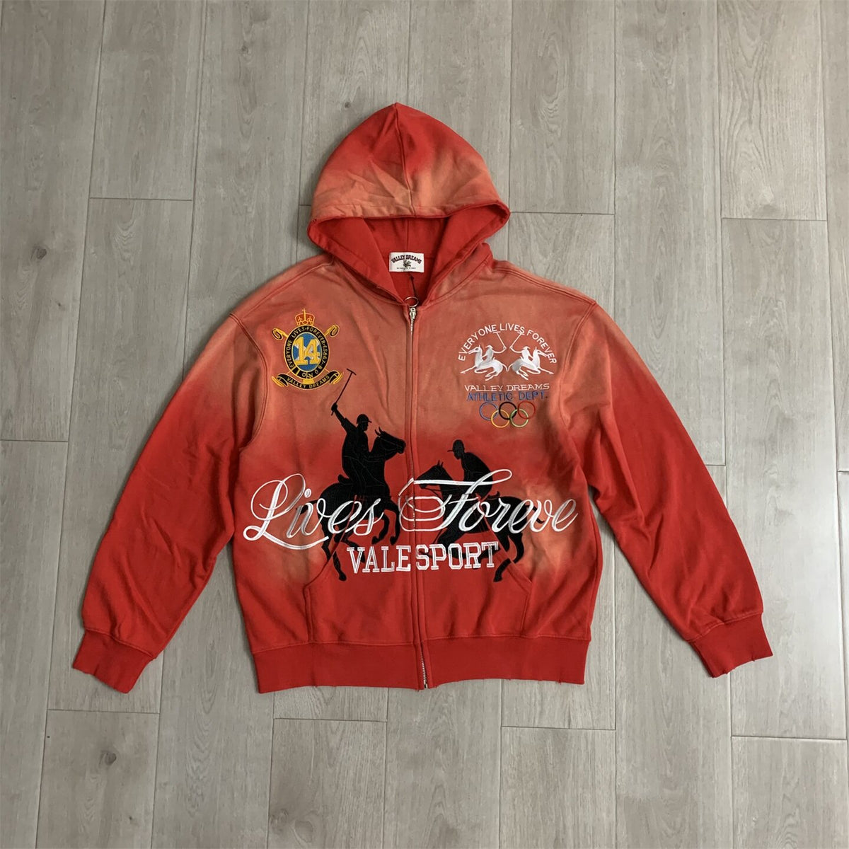 Red Gradient‑Wash Graphic Zip‑Up Hoodie Unisex Oversized Jacket