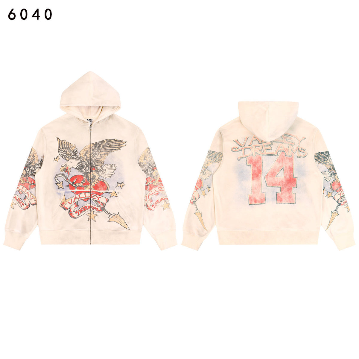 Valley Dreams Eagle‑Heart Number 14 Double‑Sided Print Zip‑Up Hoodie, Off‑White Vintage Oversized Streetwear Unisex Jacket