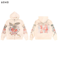 Valley Dreams Eagle‑Heart Number 14 Double‑Sided Print Zip‑Up Hoodie, Off‑White Vintage Oversized Streetwear Unisex Jacket
