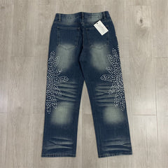 White Dots Print Distressed Washed‑Blue Straight‑Leg Jeans, Y2K Streetwear Unisex Denim Pants