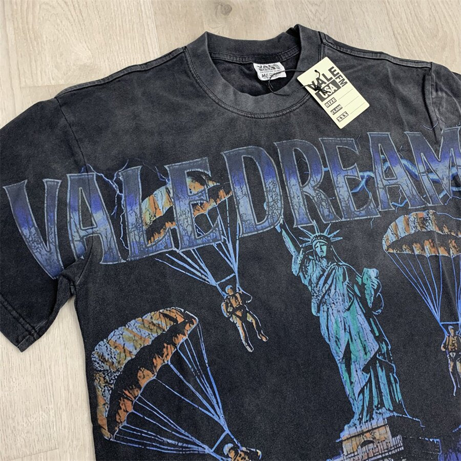 Black Vintage‑Wash Vale Dreams Statue of Liberty Graphic Oversized Unisex T‑Shirt