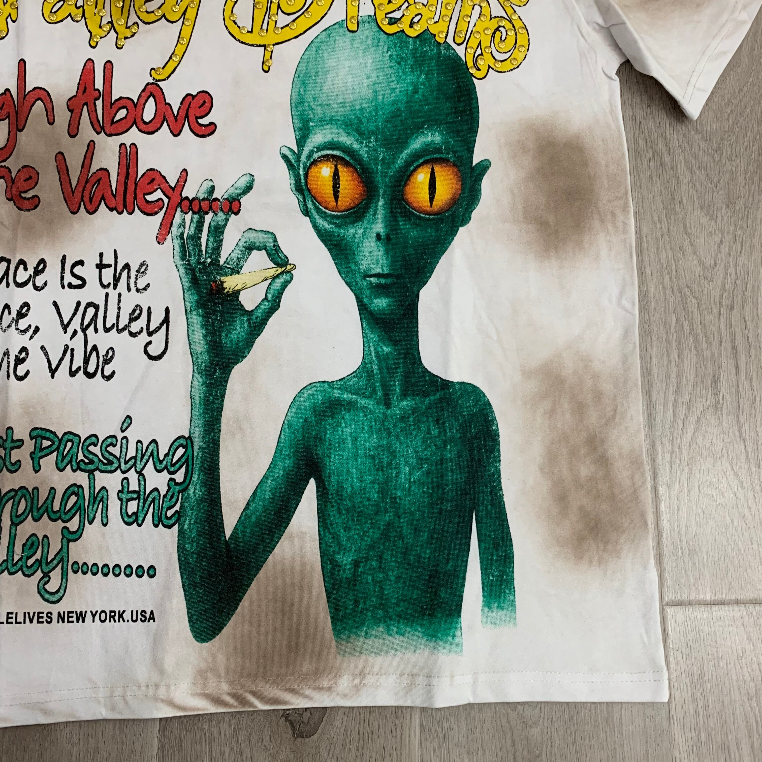 Stained‑Wash White Valley Dreams Alien Graphic Oversized Unisex T‑Shirt