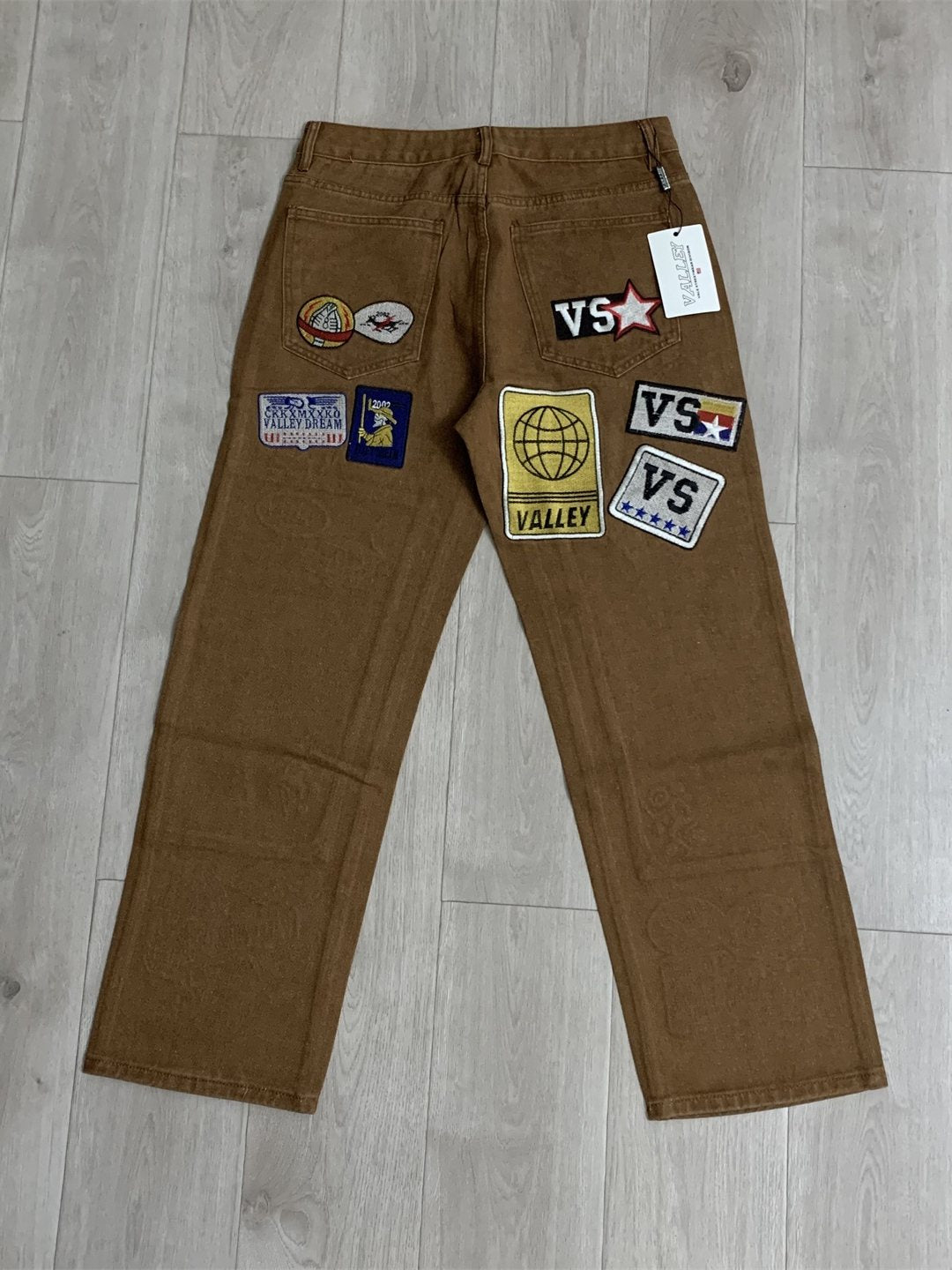 Valley Multi‑Patch Rhinestone Letter Baggy Pants, Vintage Brown Unisex Wide‑Leg Cotton Trousers