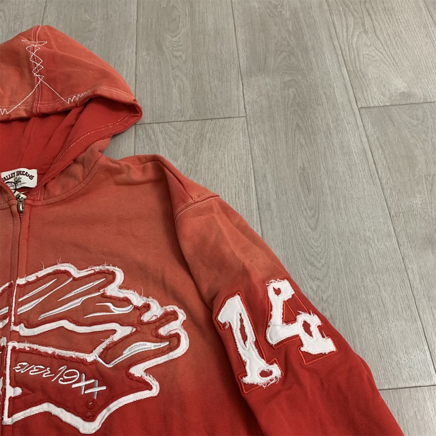 Red‑Orange Gradient Graffiti‑Print Valley Dreams Zip‑Up Hoodie Unisex Oversized Jacket