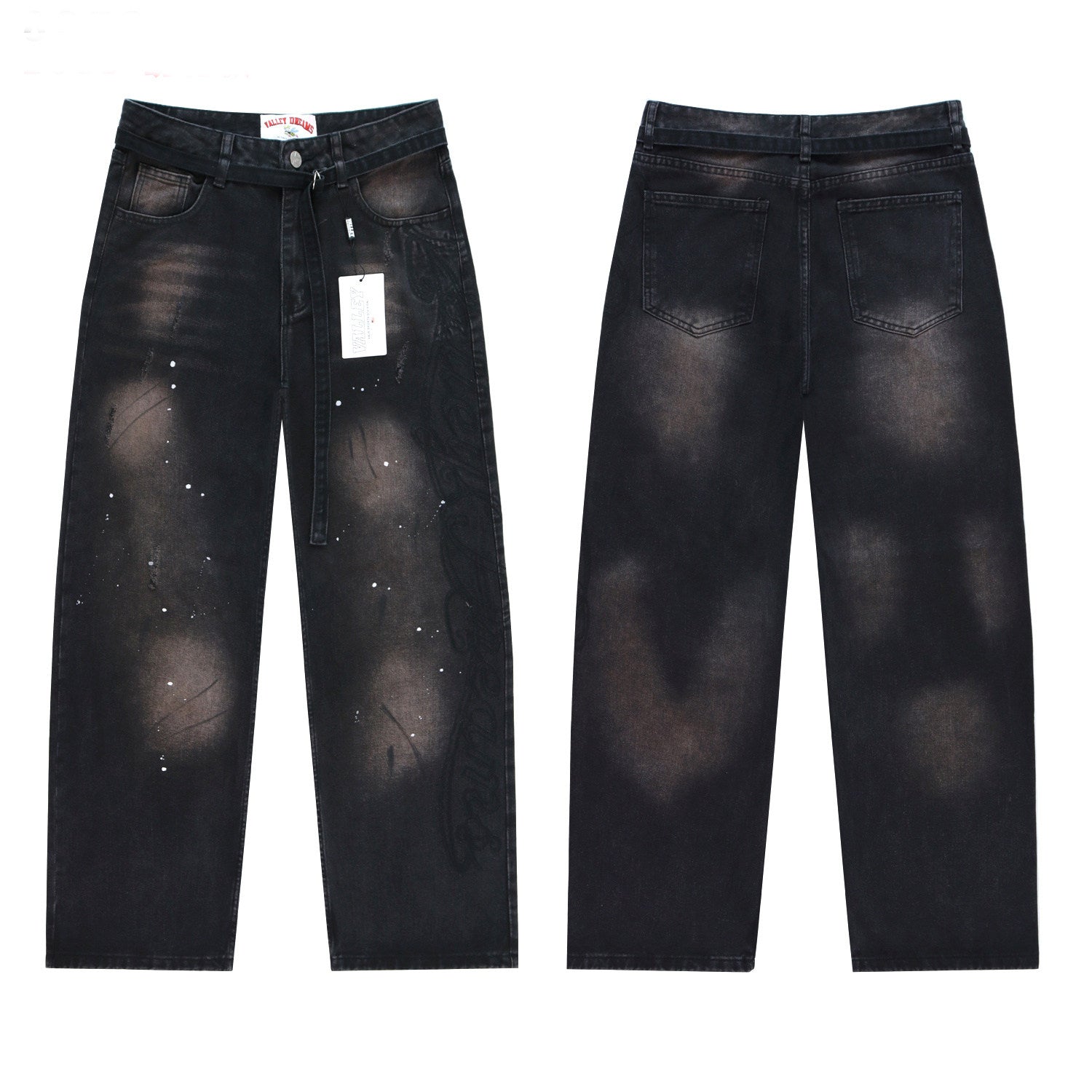Valley Dreams Embroidery Splatter‑Paint Baggy Jeans, Vintage Washed‑Black Unisex Wide‑Leg Denim Pants