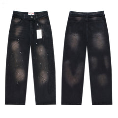 Valley Dreams Embroidery Splatter‑Paint Baggy Jeans, Vintage Washed‑Black Unisex Wide‑Leg Denim Pants
