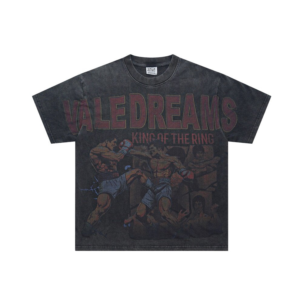 Black Vintage‑Wash Vale Dreams Boxing King Of The Ring Oversized Unisex T‑Shirt