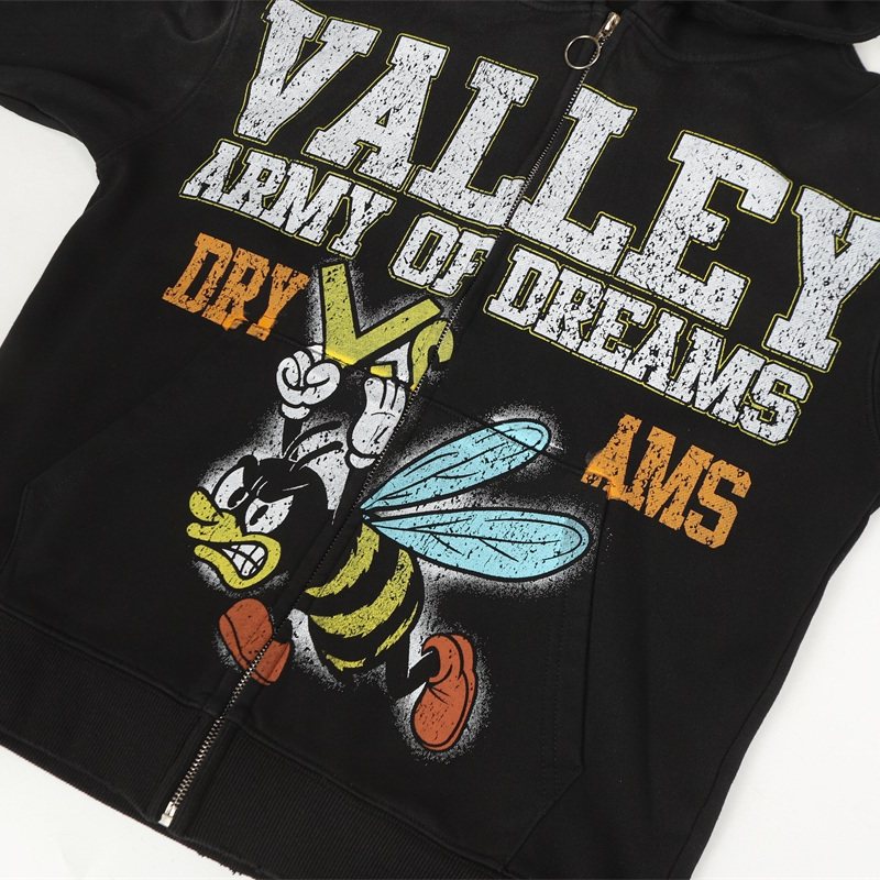 Valley Army Of Dreams Angry Bee Graphic Zip‑Up Hoodie, Black Vintage Patch‑Print Oversized Streetwear Unisex Jacket