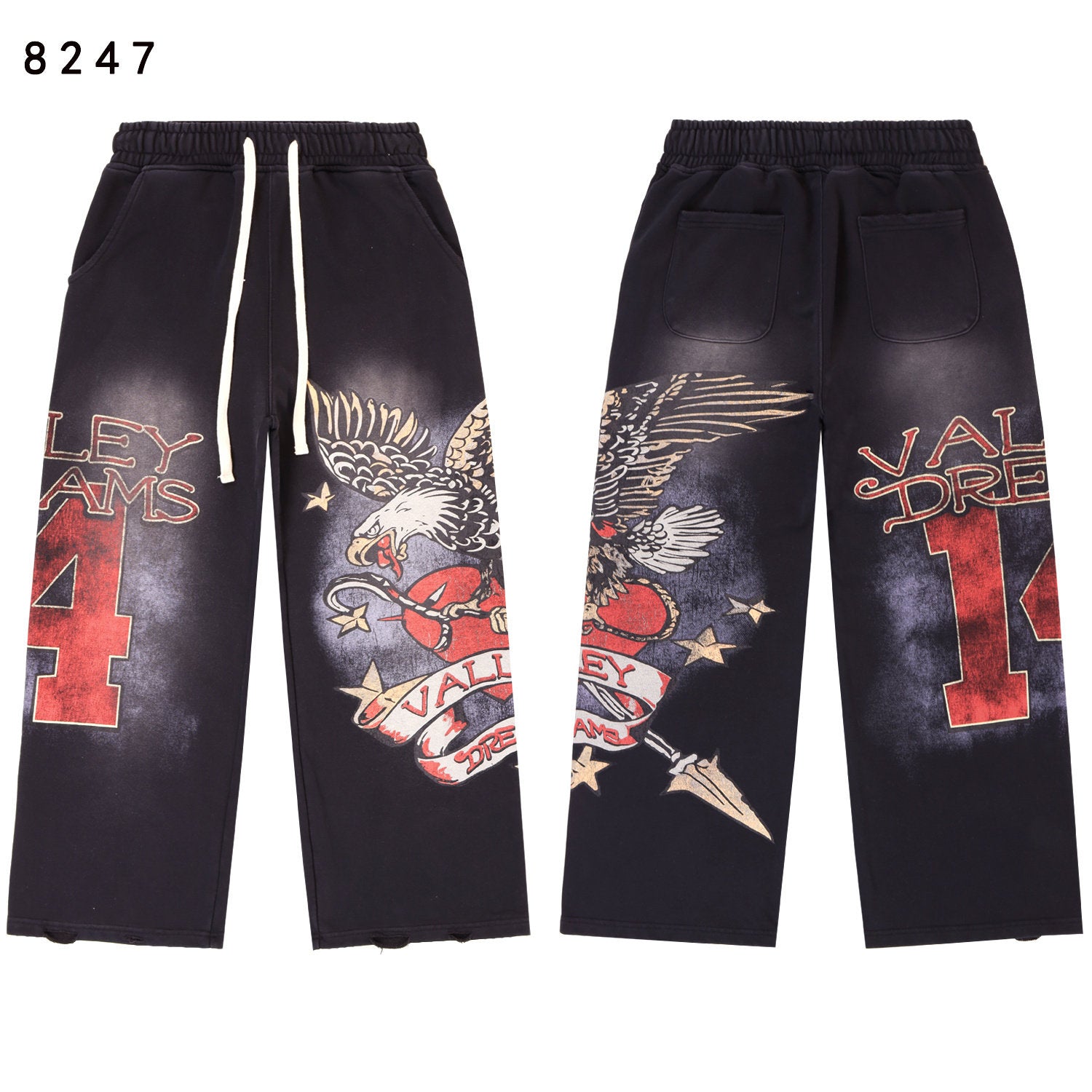 Vintage Eagle‑Print Wide‑Leg Sweatpants, Black Washed Unisex Hip‑Hop Streetwear Trousers