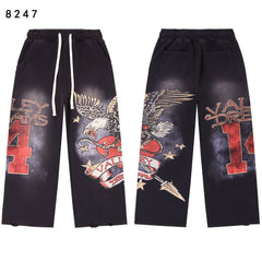 Vintage Eagle‑Print Wide‑Leg Sweatpants, Black Washed Unisex Hip‑Hop Streetwear Trousers