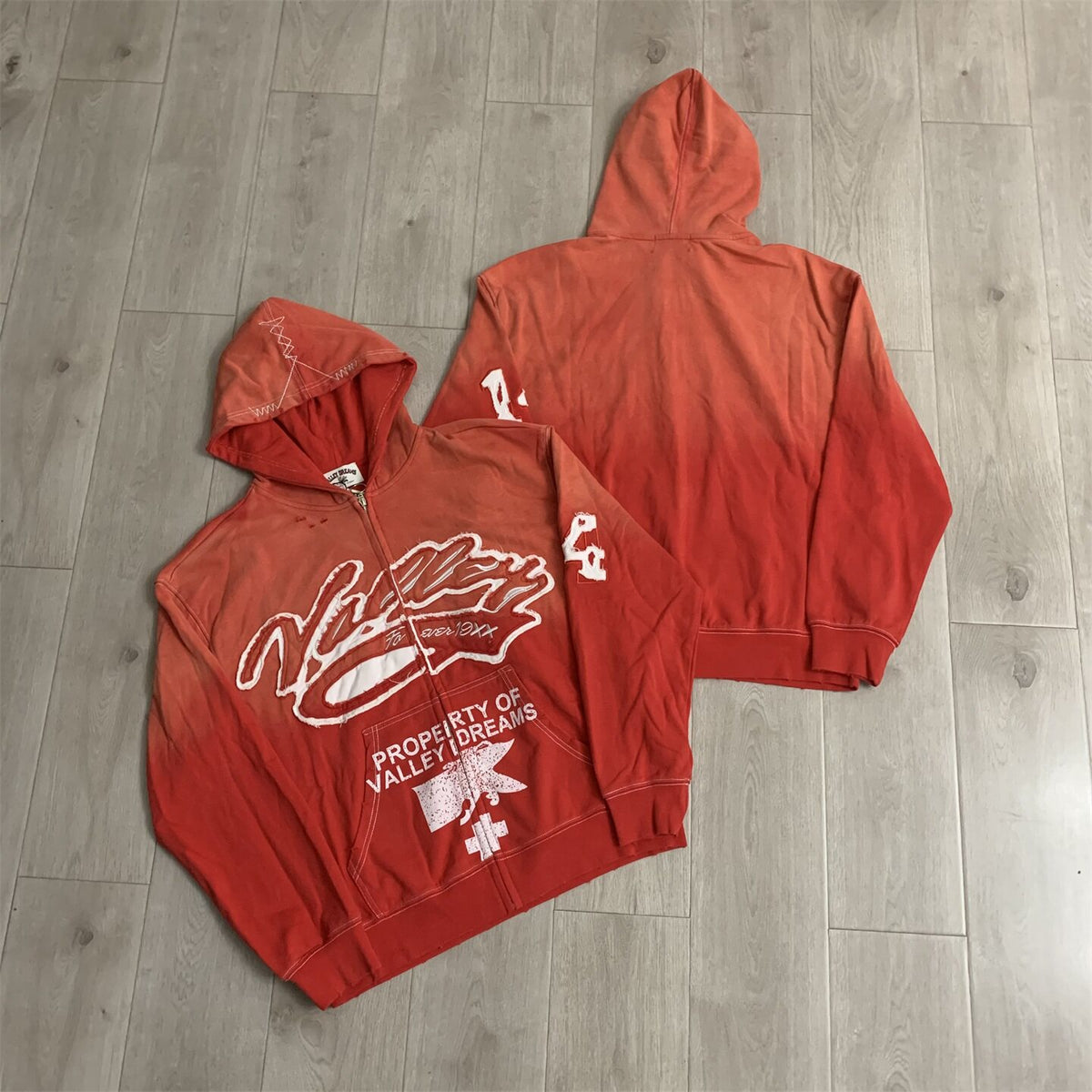 Red‑Orange Gradient Graffiti‑Print Valley Dreams Zip‑Up Hoodie Unisex Oversized Jacket