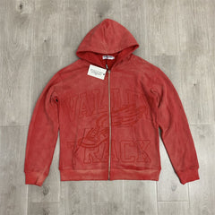 Red Vintage Embossed‑Print Zip‑Up Hoodie Unisex Oversized Jacket