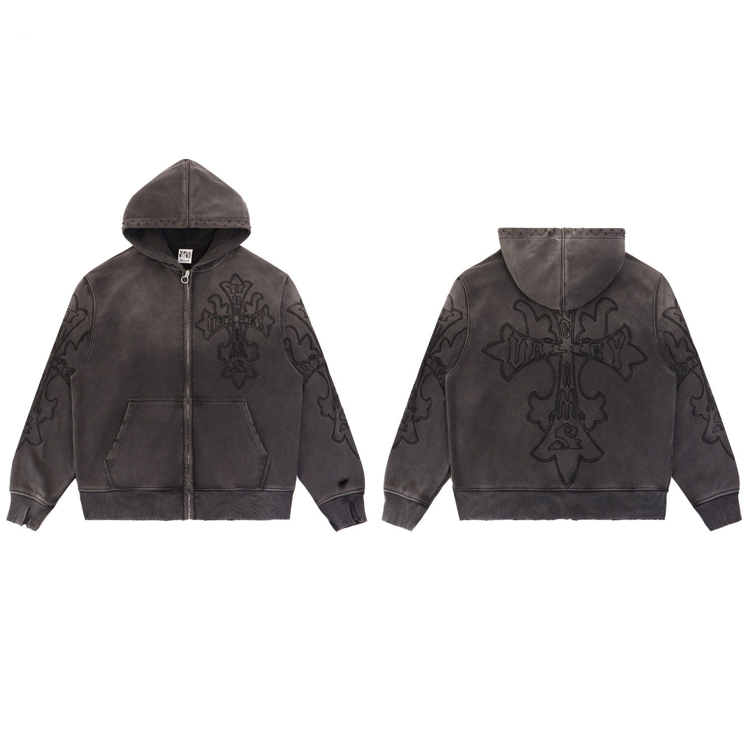 Valley Dreams Embossed Cross Zip‑Up Hoodie, Dark Grey Vintage Washed Distressed Streetwear Unisex Jacket