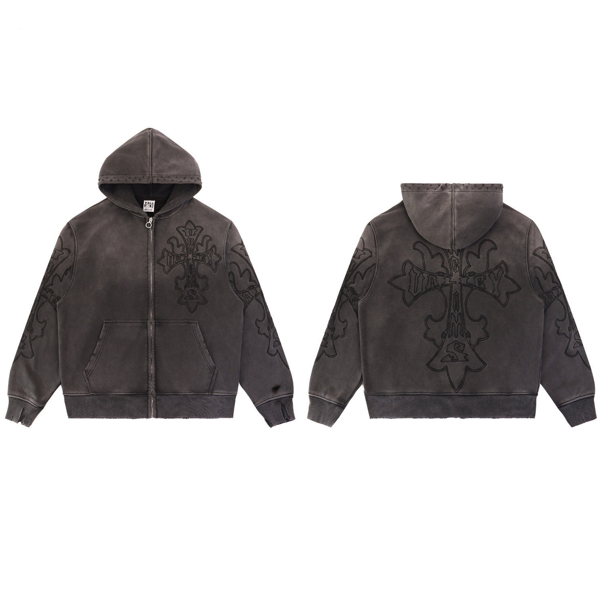 Valley Dreams Embossed Cross Zip‑Up Hoodie, Dark Grey Vintage Washed Distressed Streetwear Unisex Jacket