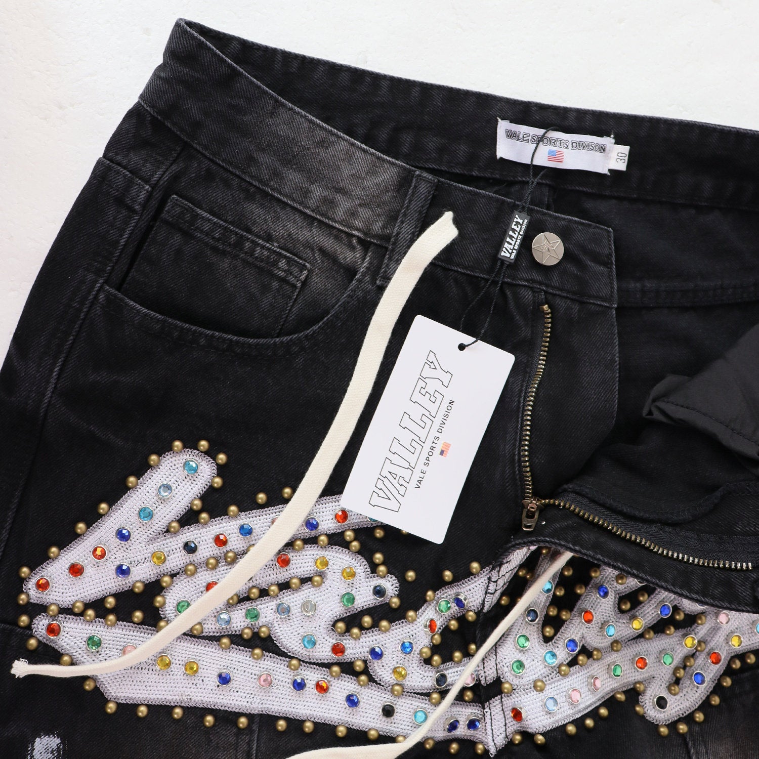 Valley Rhinestone Cursive‑Letter Baggy Jeans, Washed‑Black Distressed Unisex Streetwear Denim Pants