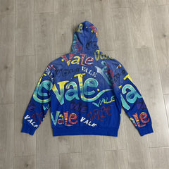 Blue Valley Dreams Graffiti‑Print Zip‑Up Hoodie Unisex Oversized Jacket