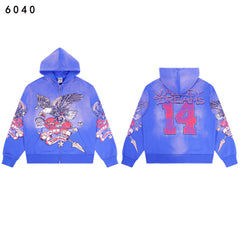Valley Dreams Eagle‑Heart Number 14 Double‑Sided Print Zip‑Up Hoodie, Blue Vintage Oversized Streetwear Unisex Jacket