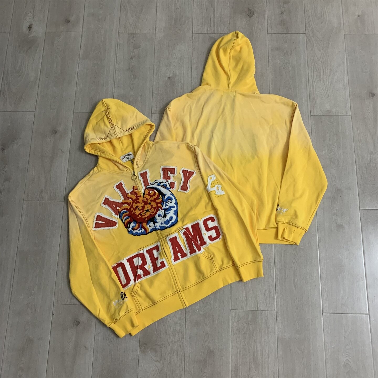Yellow Sun‑Graphic Valley Dreams Zip‑Up Hoodie Unisex Oversized Jacket