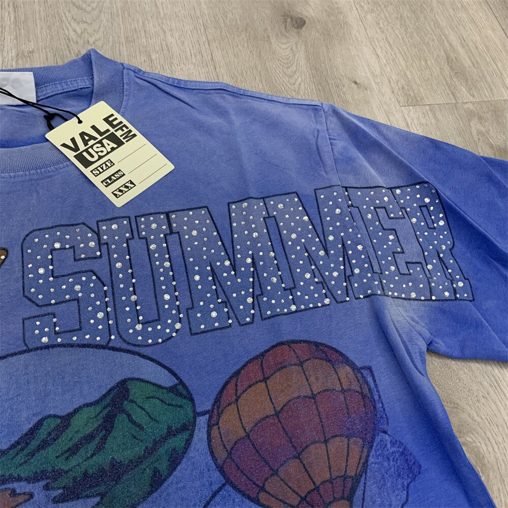 Blue Vintage‑Wash Summer Hot‑Air‑Balloon Landscape Oversized Unisex T‑Shirt