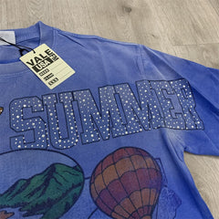 Blue Vintage‑Wash Summer Hot‑Air‑Balloon Landscape Oversized Unisex T‑Shirt