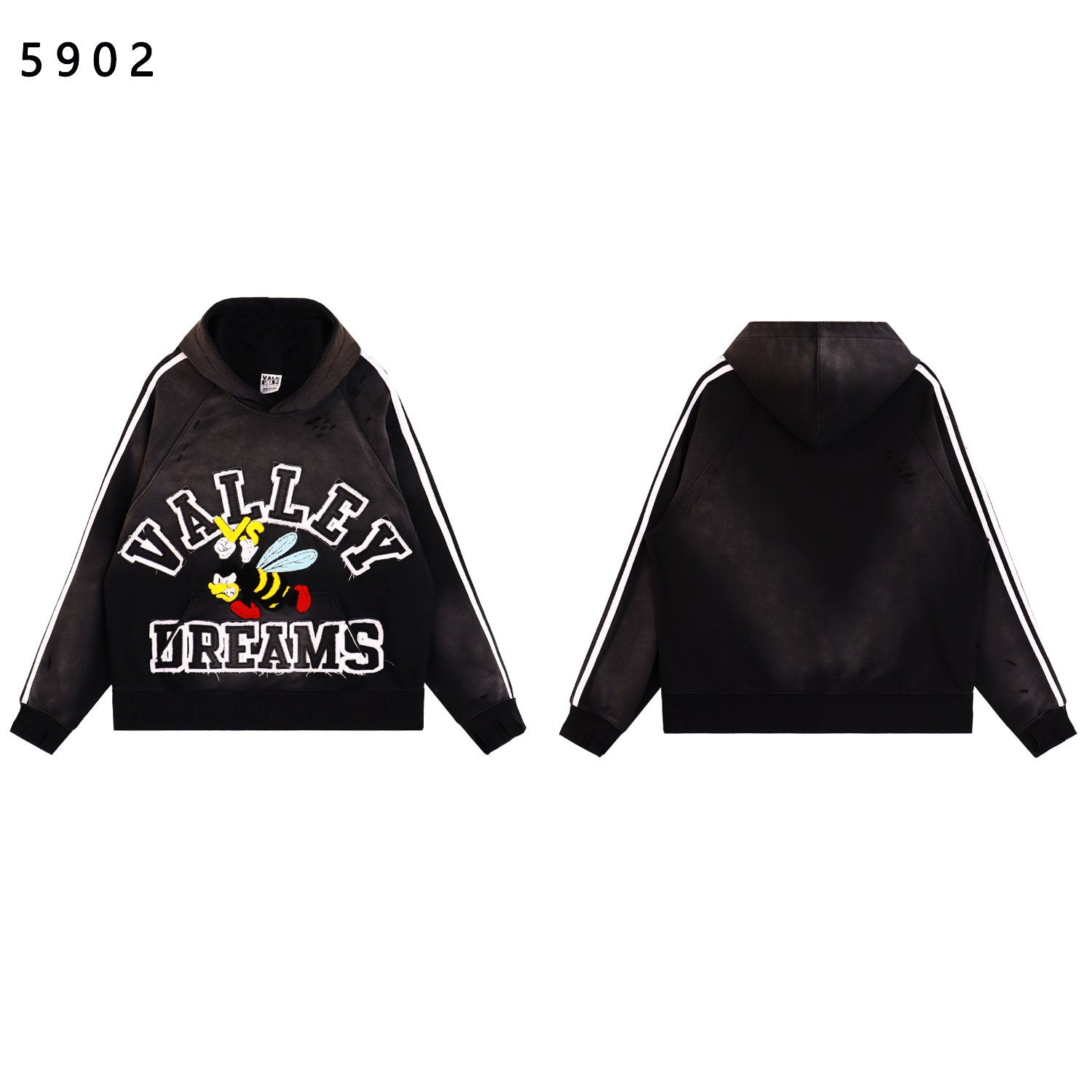 Valley Dreams Cartoon Bee Chenille Patch Pullover Hoodie, Black Vintage Distressed Striped‑Sleeve Streetwear Unisex Sweatshirt