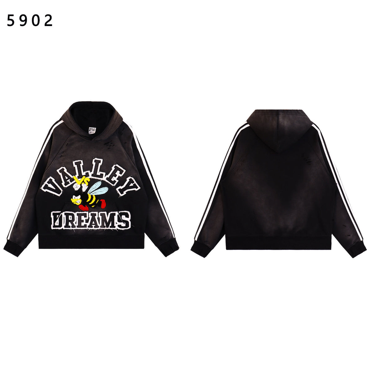 Valley Dreams Cartoon Bee Chenille Patch Pullover Hoodie, Black Vintage Distressed Striped‑Sleeve Streetwear Unisex Sweatshirt