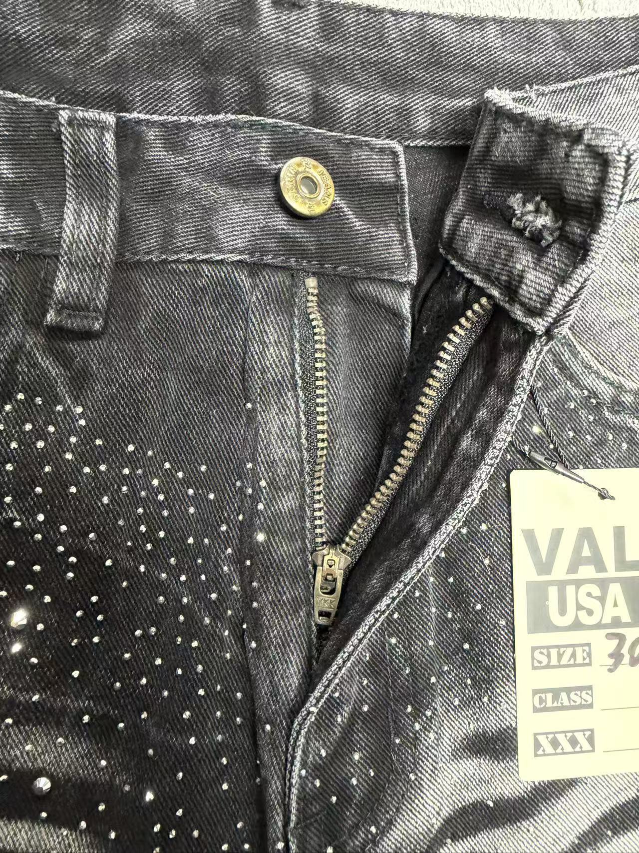 Zebra‑Striped Rhinestone Embellished Baggy Denim Pants, Vintage Washed‑Black Unisex Streetwear Jeans