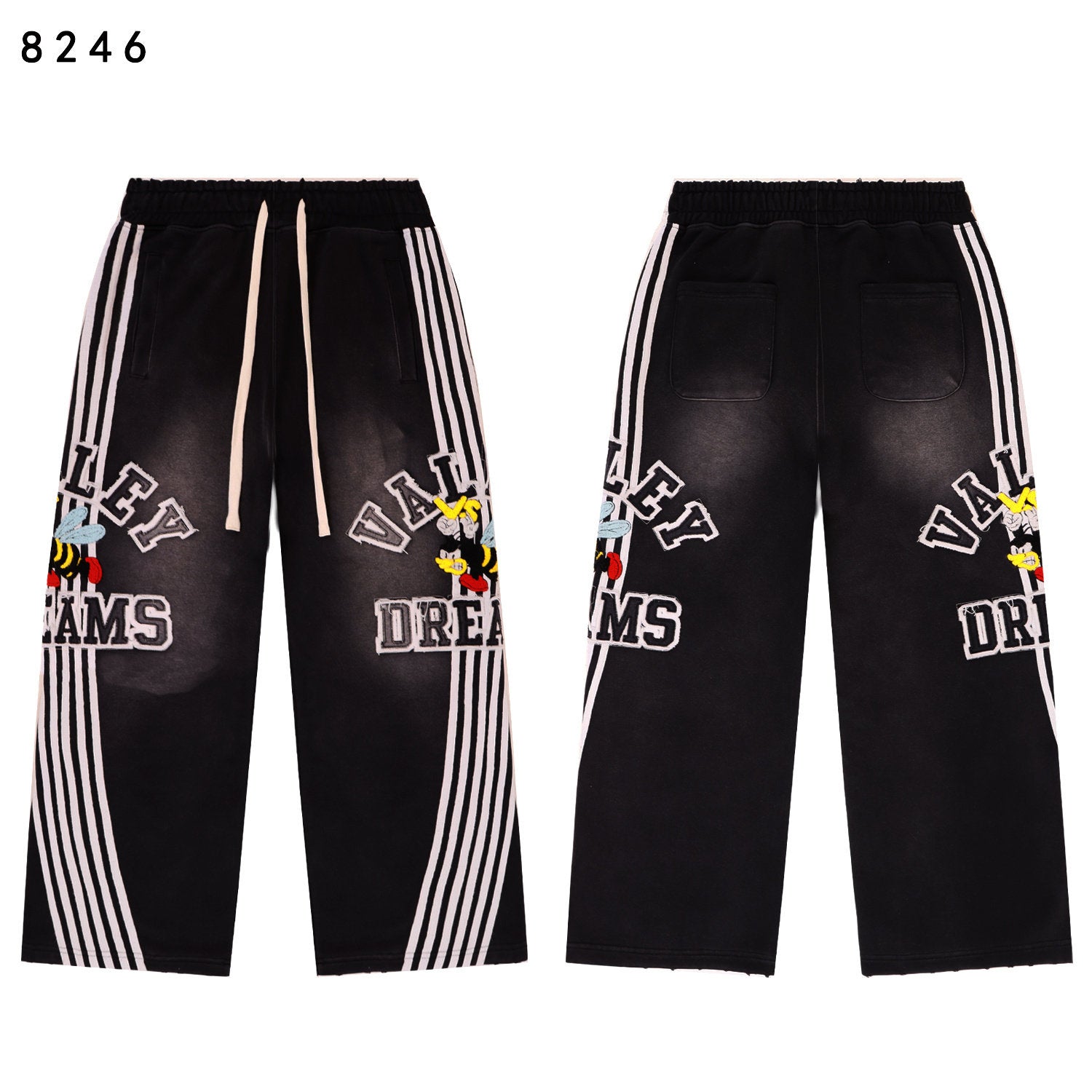 Valley Dreams Cartoon‑Bee White‑Stripe Wide‑Leg Sweatpants, Vintage Black Washed Streetwear Unisex Trousers