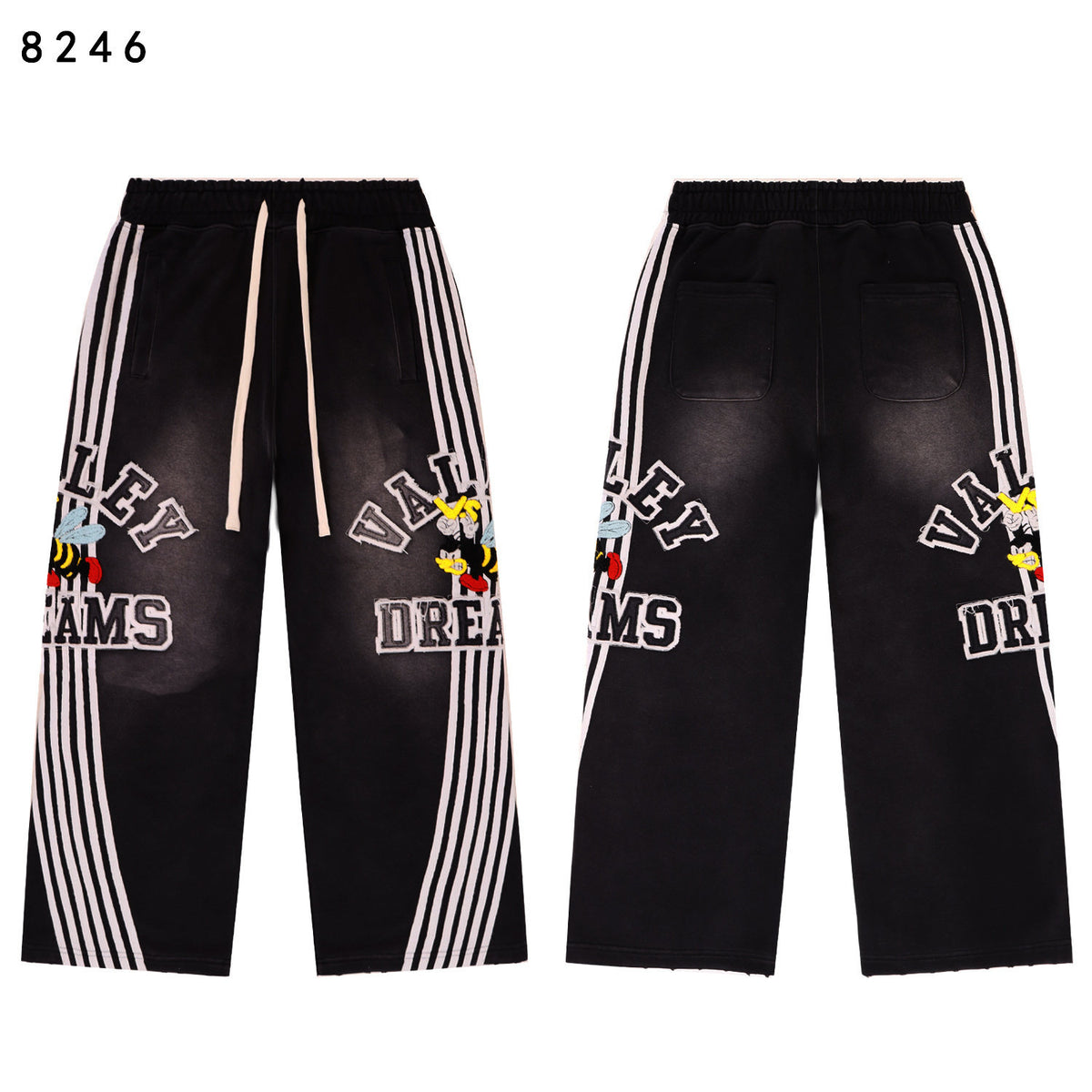 Valley Dreams Cartoon‑Bee White‑Stripe Wide‑Leg Sweatpants, Vintage Black Washed Streetwear Unisex Trousers