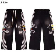 Valley Dreams Cartoon‑Bee White‑Stripe Wide‑Leg Sweatpants, Vintage Black Washed Streetwear Unisex Trousers