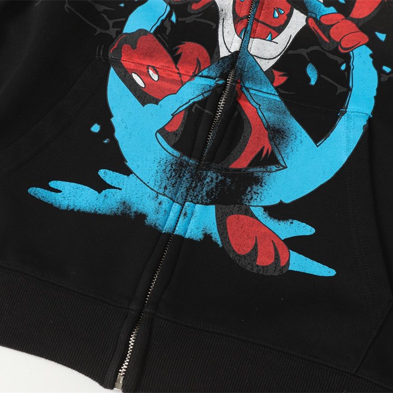 Valley Dreams Cartoon Cat Peace‑Sign Graphic Zip‑Up Hoodie, Black Vintage Oversized Streetwear Unisex Jacket