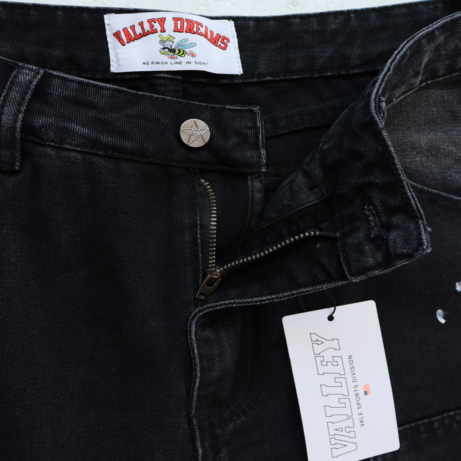 Valley Embroidered Paint‑Splatter Distressed Carpenter Baggy Jeans, Washed‑Black Unisex Wide‑Leg Denim Pants