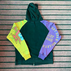 Valley Dreams Color‑Block Raglan Zip‑Up Hoodie, Green Purple Yellow Contrast‑Sleeve Oversized Streetwear Unisex Jacket