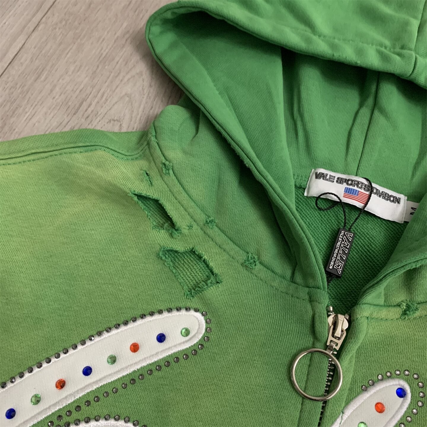 Valley Dreams Rhinestone Letter Zip‑Up Hoodie, Green Vintage Distressed Tribal‑Sleeve Oversized Streetwear Unisex Jacket