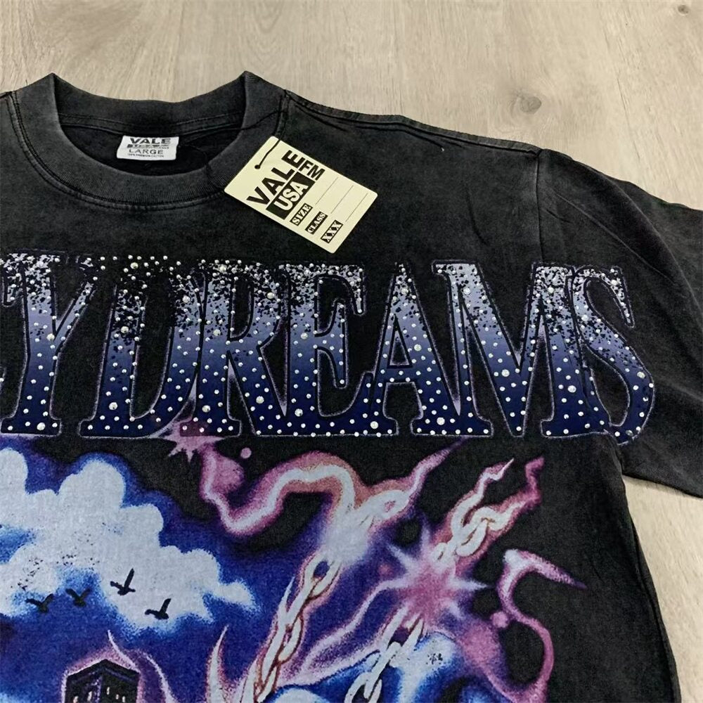 Black Vintage‑Wash Fantasy Graphic "Valley Dreams" Oversized Unisex T‑Shirt