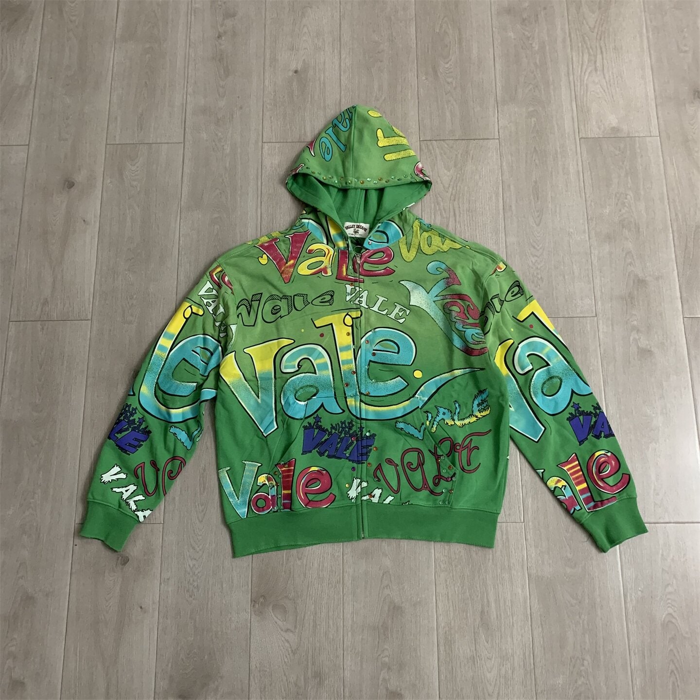 Green Valley Dreams Graffiti‑Print Zip‑Up Hoodie Unisex Oversized Jacket