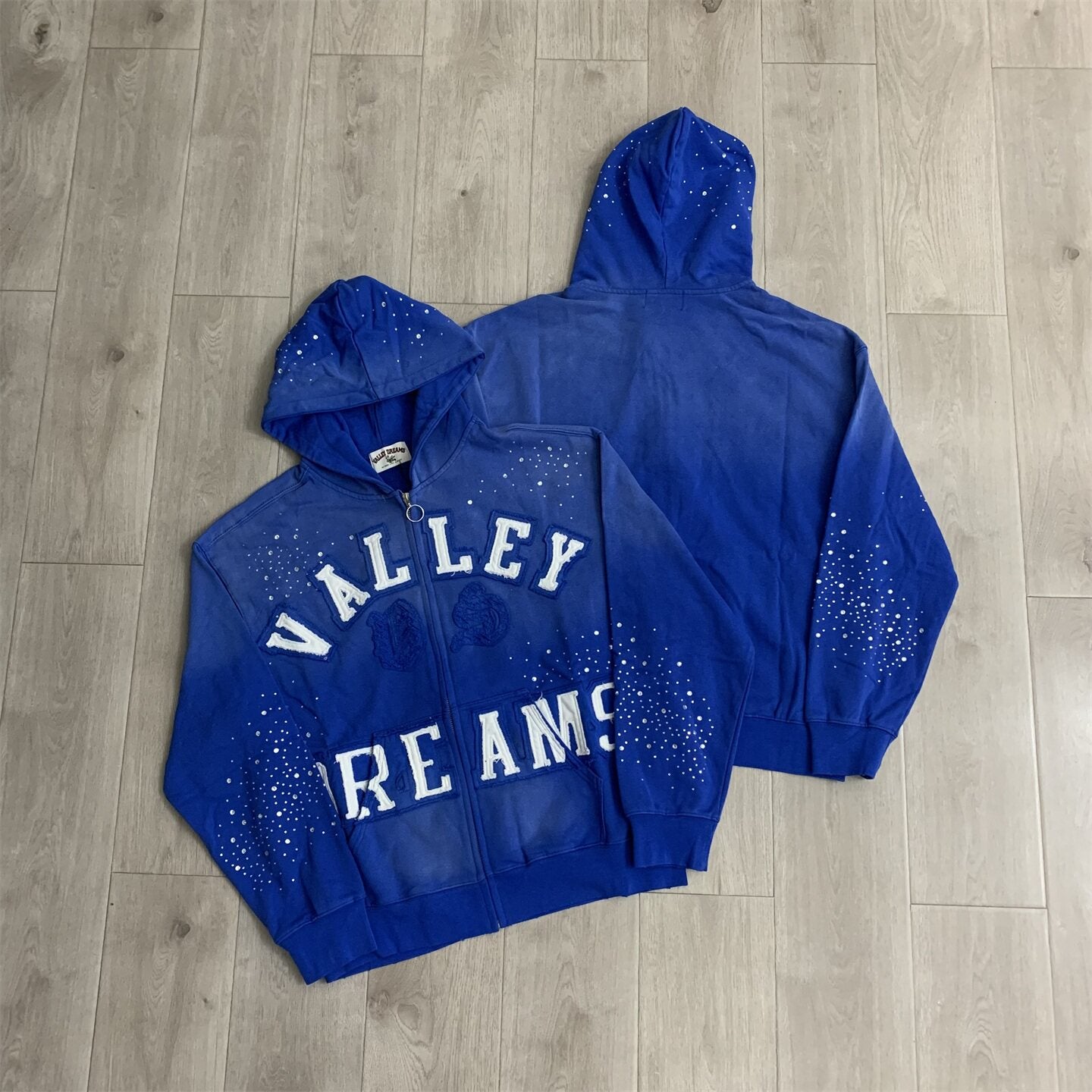 Blue Speckled‑Wash Valley Dreams Zip‑Up Hoodie Unisex Oversized Jacket