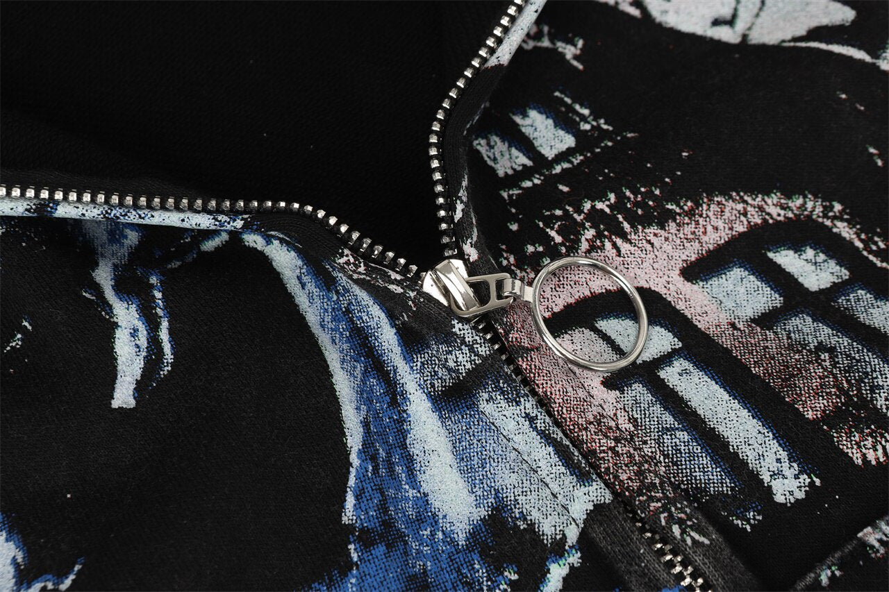 Ghost Haunted House All‑Over Print Zip‑Up Hoodie, Dark Gothic Horror Oversized Streetwear Unisex Jacket